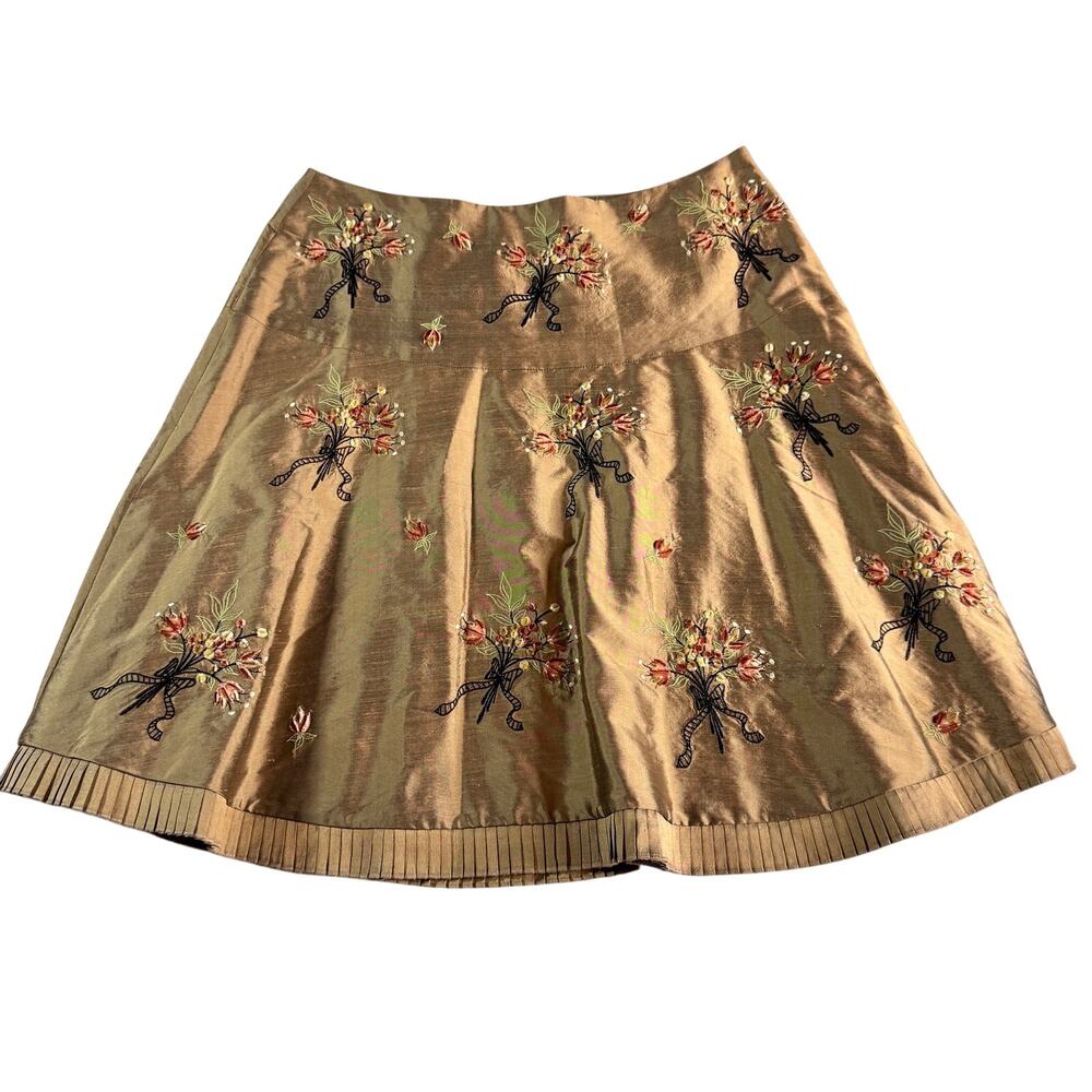 Anthropologie Intuitions 100% Silk Embroidered Floral Skirt Bronze Gold Size S